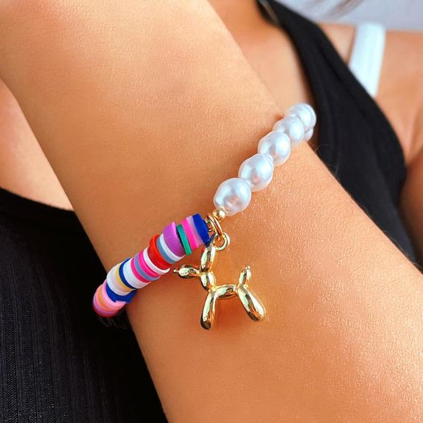 

charm bracelets polymer clay beads pearl chain balloon dog bracelet for women asymmetrical colorful beaded fashion jewelry, Golden;silver