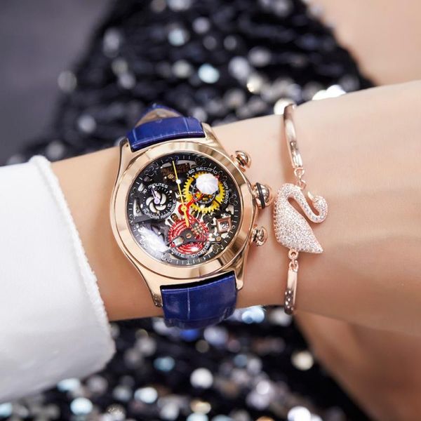

wristwatches reef tiger/rt ladies fashion watches skeleton swiss ronda movement luxury rose gold date rga7181, Slivery;brown