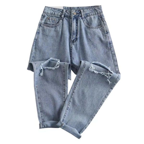 

women's jeans button hole high waist loose casual pencil trousers denim 2021 korean flabby light blue ripped pants
