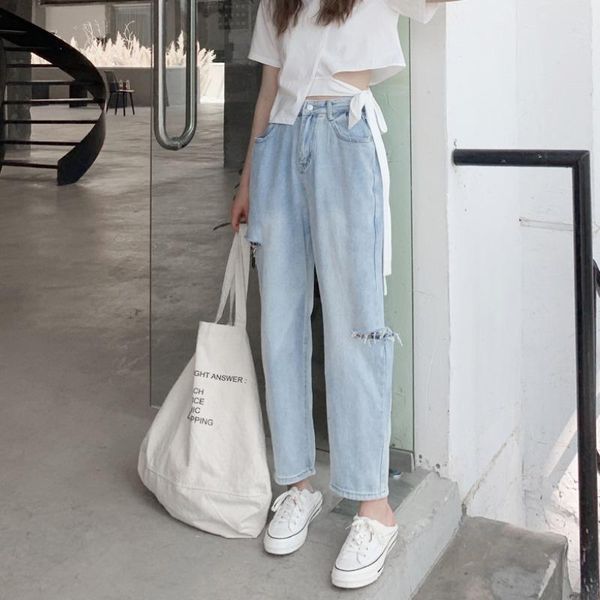 

women's jeans ripped female in the summer of 2021 tall waist straight loose fat mm show thin turnip pants big yards, Blue