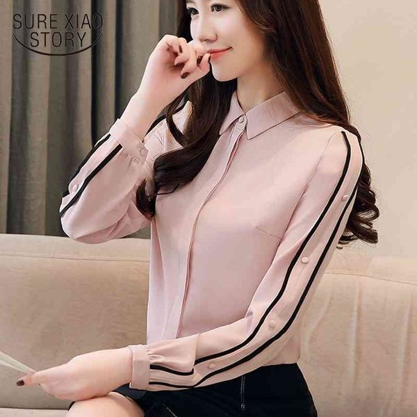 Camicie autunnali Camicetta in chiffon maniche stile coreano abbigliamento da lavoro manica lunga slim fit donna top blusas rosa 1354 45 210415
