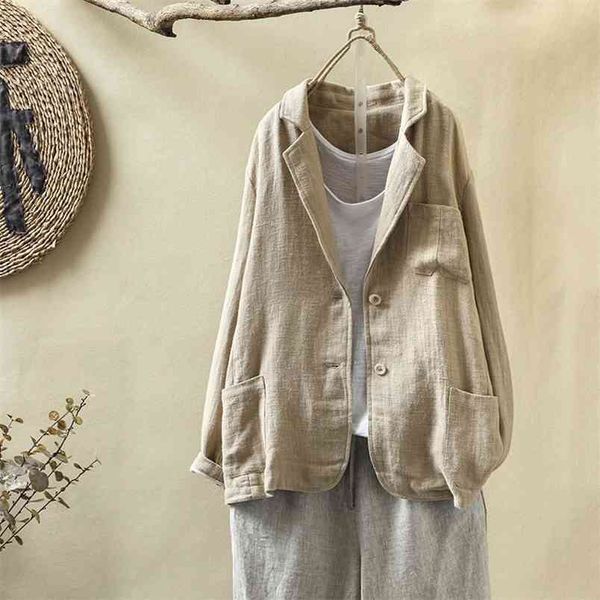 

arrival autumn arts style women long sleeve single breasted casual blazers double pocket cotton linen coats brazer m273 210512, White;black