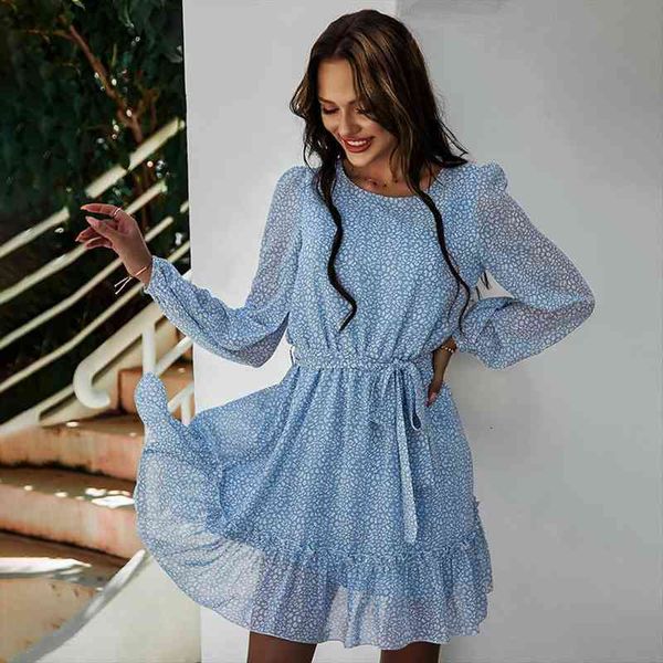 

spring o-neck print dress women casual long sleeve sashes mid waist dress for women summer chiffon, Black;gray
