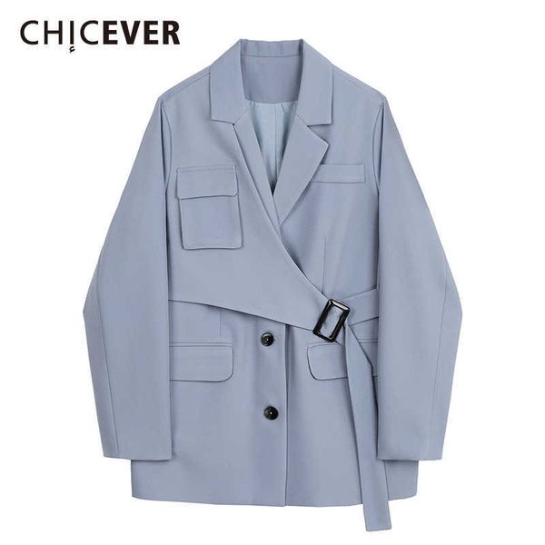 

chicever patchwork blazer for women notched long sleeve sashes pockets large size casual coats female autumn clothing 210930, White;black