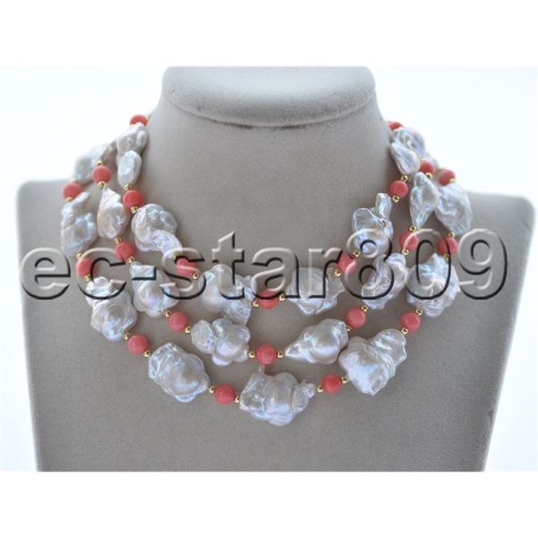 

z10756 18"-50" 18mm white plum-blossom baroque pearl pink coral necklace, Silver
