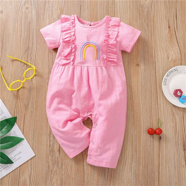 

children's baby jumpsuit summer short sleeve cotton dress lace long climb rainbow, White