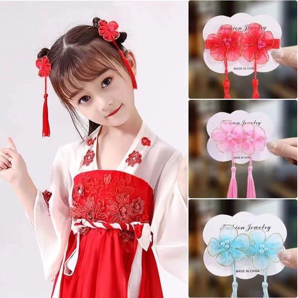 

hair accessories one pair of 2 children's costume pearl headdress girl hairpin antique tassel ribbon clip, Slivery;white