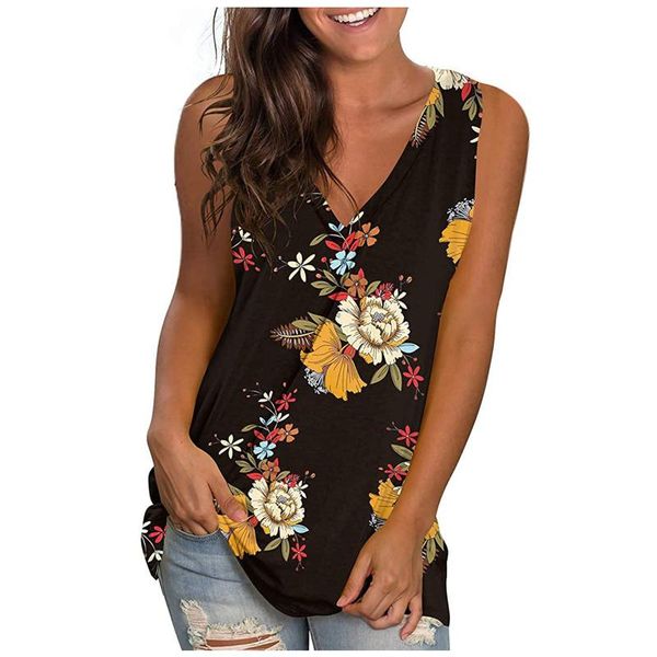 

women's blouses & shirts summer sleeveless blouse flowers printed v neck tank casual beach female blusas mujer de moda 2021, White