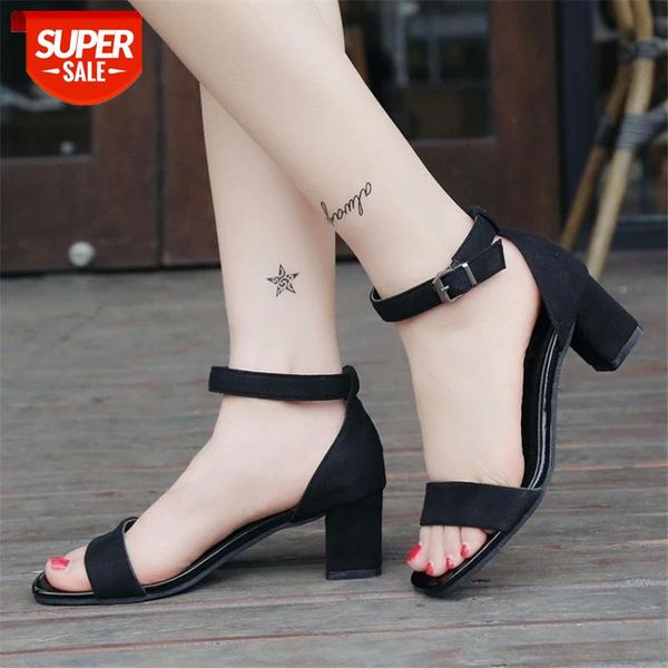 

open toe square heel high suede sandals women 2019 new summer shoes woman temperament flock buckle ladies female #ql0i, Black