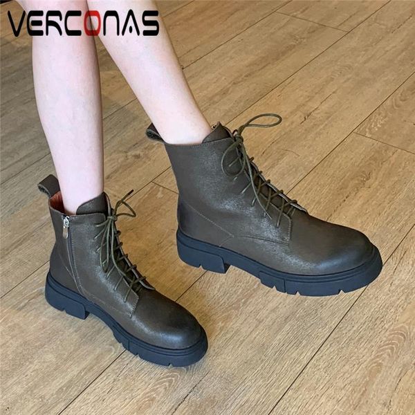 

boots verconas casual ankle for women autumn winter cross-tied shoes woman side zipper genuine leather square heels, Black
