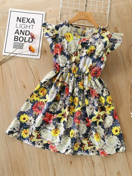 

girls floral print flutter sleeve dress she, Red;yellow