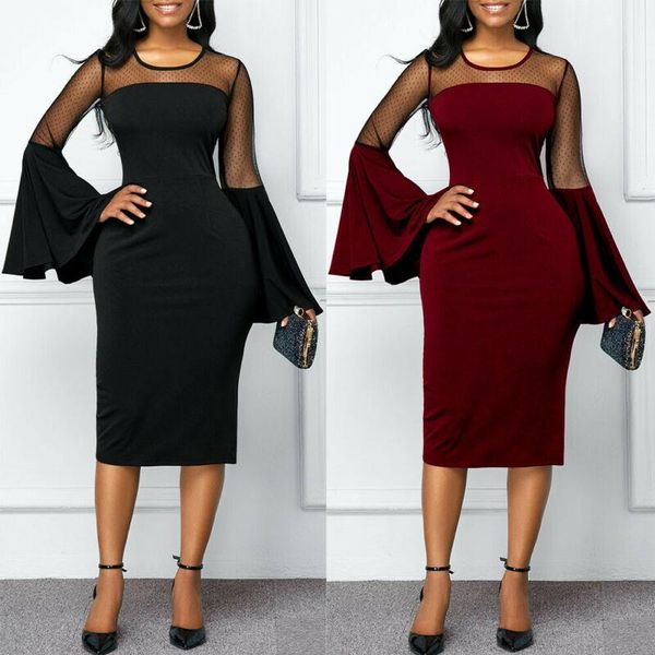 

womens elegant dress ladies long flare see-through sleeve dresses business office evening formal party club s-xl casual, Black;gray