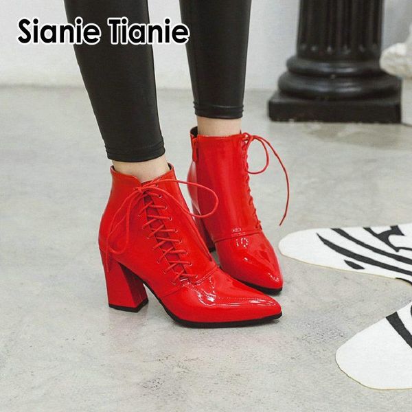 

boots sianie tianie 2021 spring winter woman block high heels shoes patent pu leather cross-tied pointed toe red pumps ankle, Black