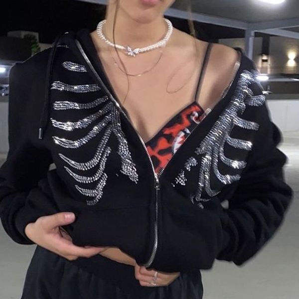 

hoodiesy2k rhinestone skeleton zip up oversized sweatshirts 2021 summer goth hoodies women grunge hooded jacket streetwear retro clothe, Black