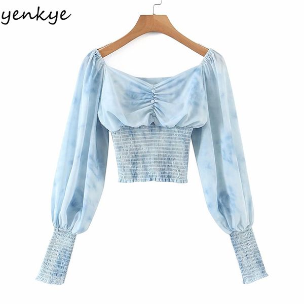 

vintage tie-dye print crop women v neck lantern sleeve elastic hem sky blue chiffon summer fashion blusas 210514, White