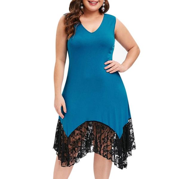

casual dresses fashion cotton plus size asymmetric v neck lace panel a-line sleeveless dress deep blue summer, Black;gray