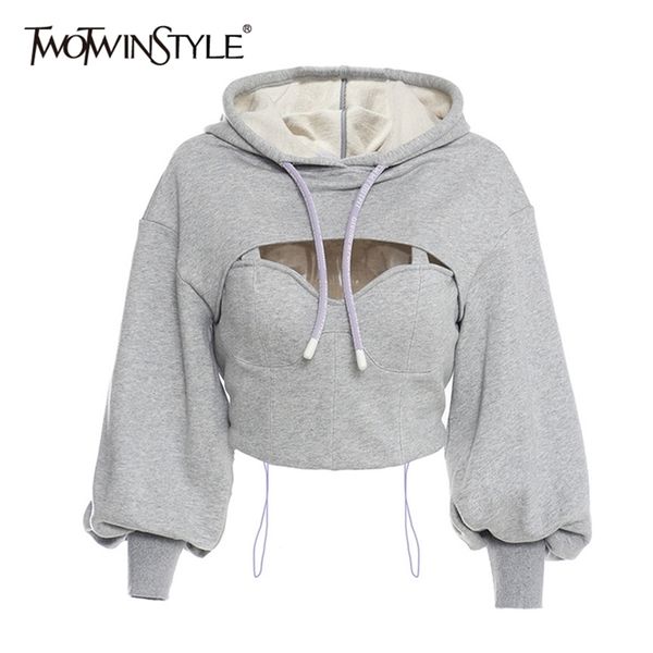 

twotyle hollow out gray sweatshirt for women hooded collar long sleeve fake two casual short female fashion fall 210809, Black