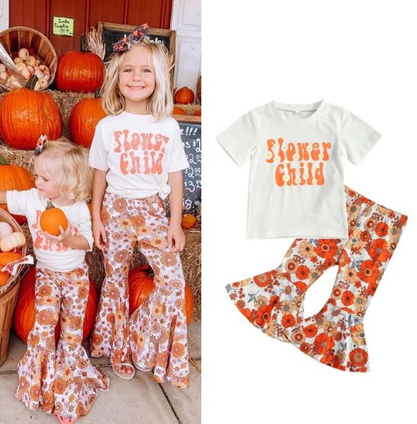 Kids baby meninas roupas conjunto 2021 verão menina manga curta letra t-shirt + calças florais flared crianças roupas de crianças