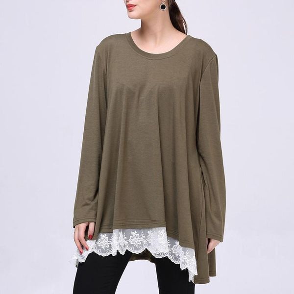 

women's t-shirt women shirt spring autumn fashion loose blouse casual simple lace splicing round neck long sleeve 2021 female solid col, White