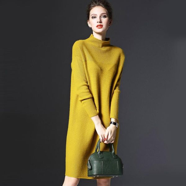 

casual dresses woman winter dress loose knittied yellow sweater, Black;gray