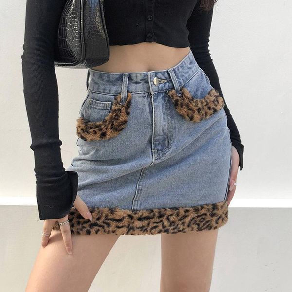 

leopard patchwork furry midi skirt high waist jeans skirts womens casual fashion pokcet mini ladies sesy streetwear y2k, Black