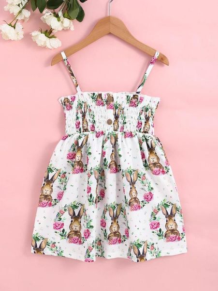 

toddler girls floral & rabbit print shirred cami dress she, Red;yellow