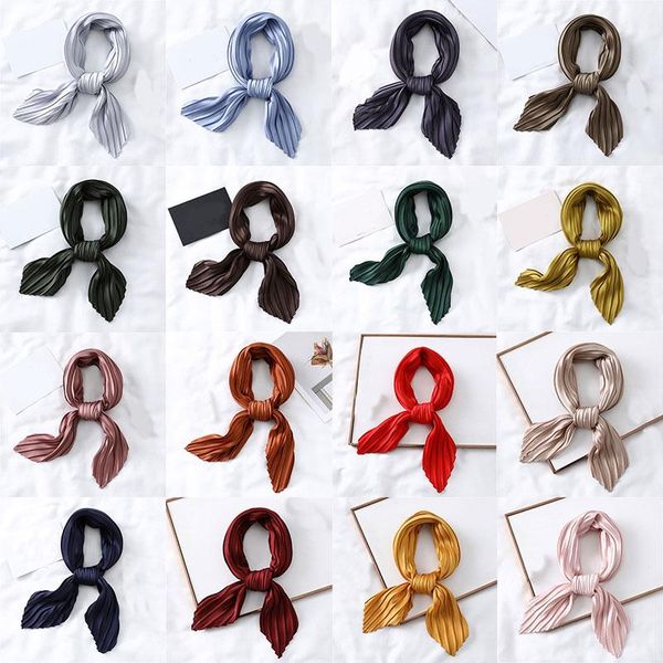 

scarves soft small satin neckerchief silk pleated square scarf decorative headscarf neck wear solid color crinkled hair, Blue;gray