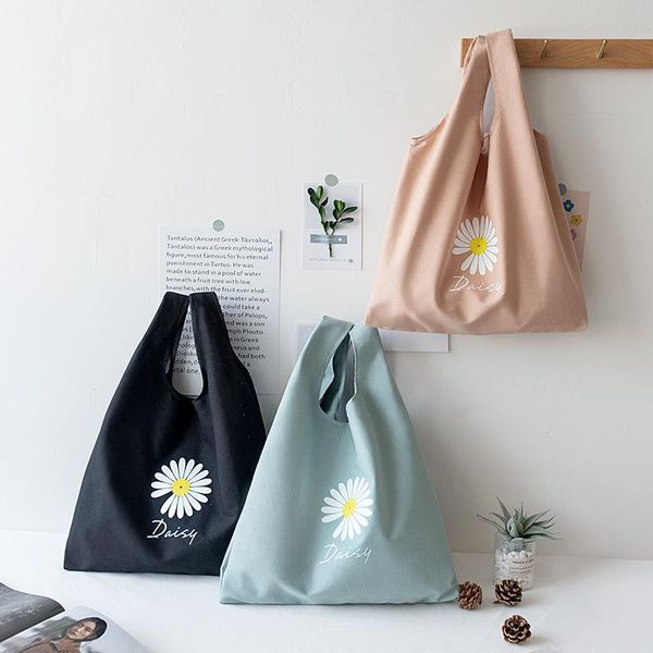 

design solid color japan korea style daisy print simple canvas cloth handle students women lunch bag organizer, Blue;pink