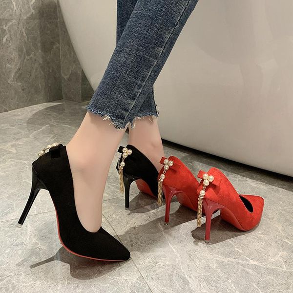 

dress shoes red suede bottom pointed toe thin heels stilettos party heeled plus big size 45 flock tassels women bride pumps, Black