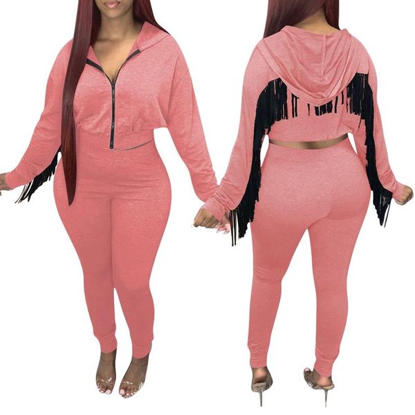 

women's two piece pants tnnaoff solid 2 tracksuits women set long sleeve tassel hooded zip t shirt leggings lounge wear matching sets, White