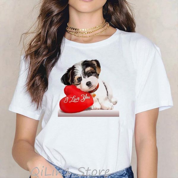 

cute terrier with red love womens t shirt dog animal print clothing funny white female summer tee femme