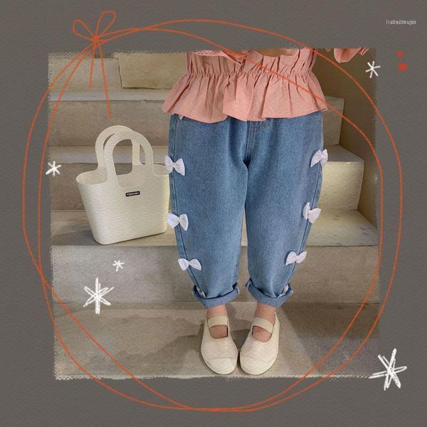 

baby girls spring jeans children 2021 hand-sewn bow korean cowboy pants1, Blue