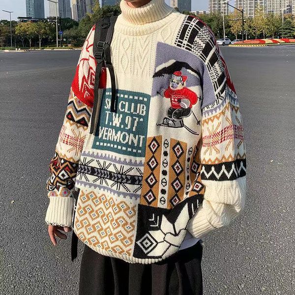 

men's sweaters winter thickened wool christmas sweater high collar coats loose red knitting fashion turtleneck couple clothes pullover, White;black