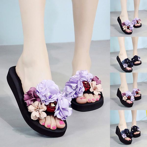 

slippers women flowers beach shoes out side platform slipper floral woman ladies zapatos mujer slides, Black