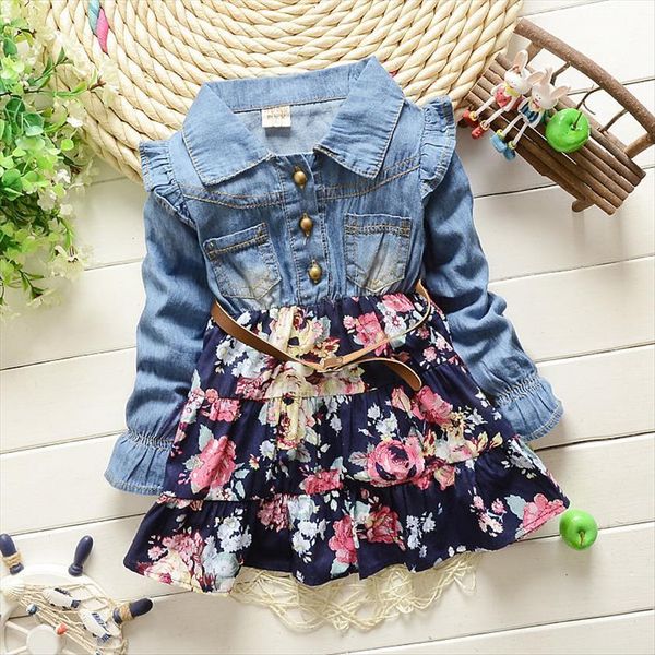 

fashion girls cowboy cotton girl dresses flower floral baby autumn clothes patchwork, Red;yellow