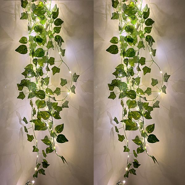 2M/20 LED Piante verdi artificiali Canna luminosa Foglia verde Edera Vite Fata Luce Ghirlanda di corde per la casa Decorazione di nozze fai da te