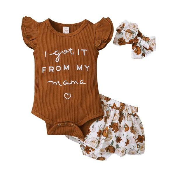 

baby girl summer clothing flare sleeve letter pattern romper +flower print design shorts+headband clothes set outfits sets, White
