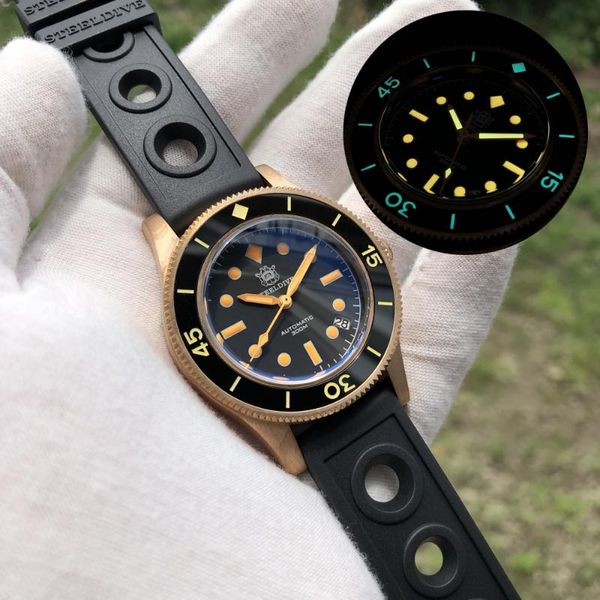 

wristwatches steeldive mens automatic watches men dive watch bronze sport wristwatch 300m waterproof c3 luminous clock sapphire ceramic beze, Slivery;brown