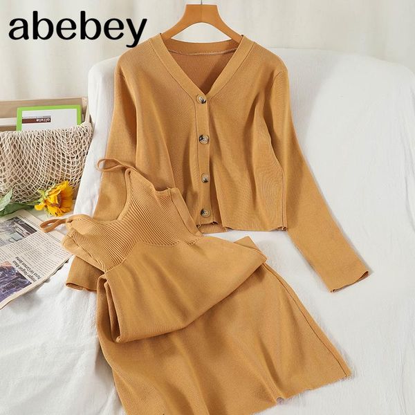 

casual dresses women autumn korean knitted set long sleeve single breasted loose cardigan+off shoulder strap dress two piece, Black;gray