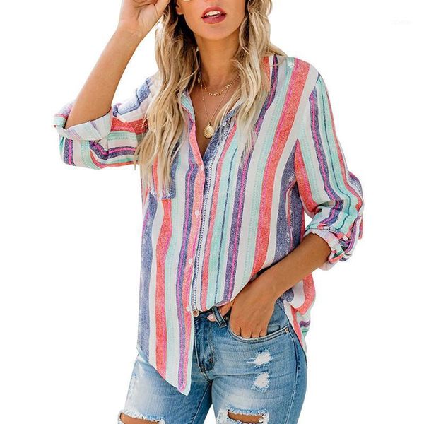 

plus size fashion rainbow striped women blouse long sleeve ladies female shirts turn-down collar shirt with pocket women's blouses, White