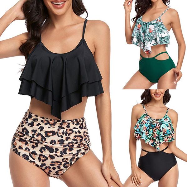 

one-piece suits tropical&leopard print ruffle bikini 2021 large size women high waist swimwear push up beach bath suit