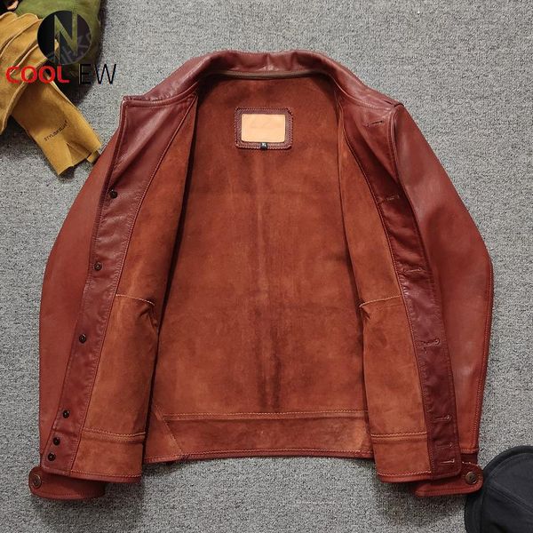 

men's leather & faux 2021 red wine genuine jacket men retro casual style single breasted plus size 3xl real natural sheepskin slim shor, Black