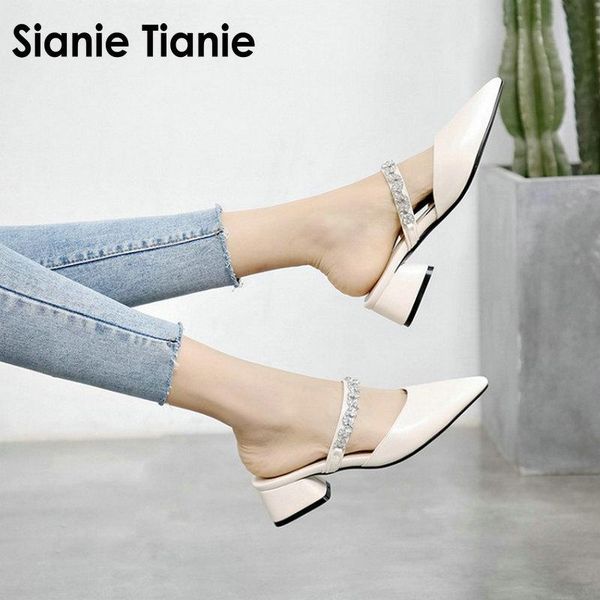 

slippers sianie tianie square med heel pointed toe sandals 2021 summer woman shoes slides women mules with crystal siize 33-47, Black