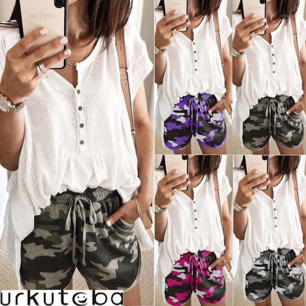 

ladies women short summer beach fashion casual elastic camouflage drawstring shorts trousers high waist plus size women's, White;black