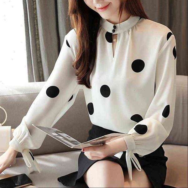 

blusas mujer de moda korean women shirt autumn long sleeve chiffon bow polka dot stand lantern clothing button 0350, White