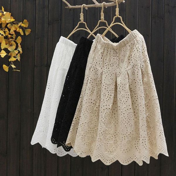 

skirts 7492 spring women skirt japan style literary vintage loose elasticated waist embroidery cotton, Black