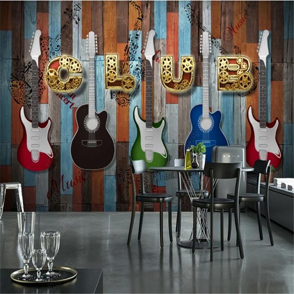 

european and american retro wallpaper industrial decoration electric guitar wood board bar ktv mural background wall paper wallpapers