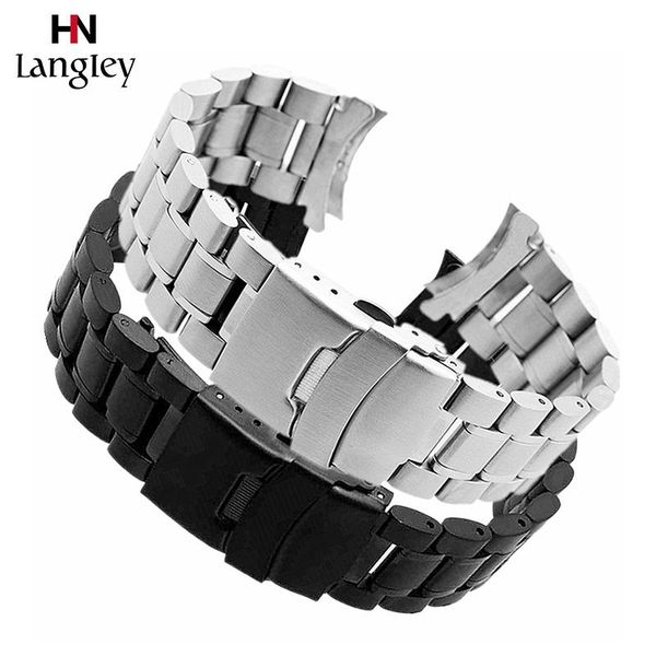 

watch bands 18 20 22 24mm watchband universal arc interface stainless steel wristband safety folding buckle high qaulity straps with tool, Black;brown