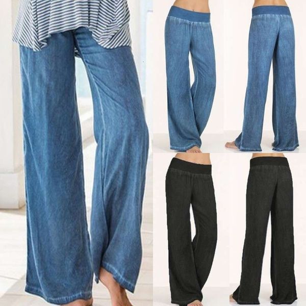 

women's jeans loose wide leg casual pants elastic waist large women d6jy, Blue