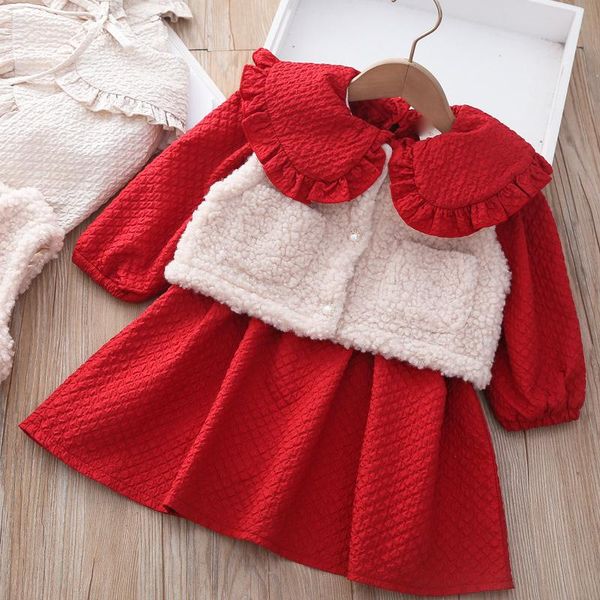 

clothing sets girls suit autumn and winter vest +long sleeve dress, White